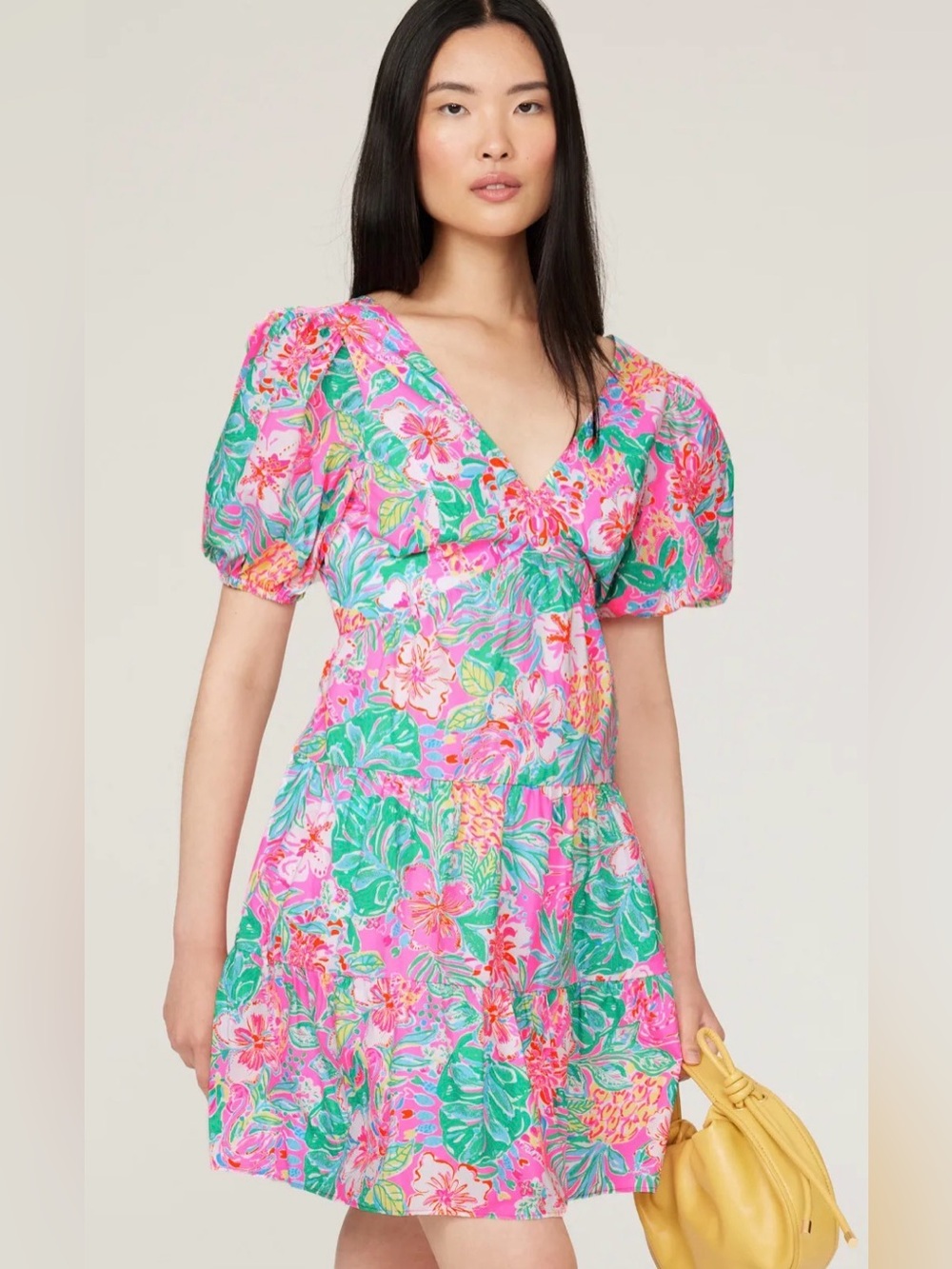 Lilly Pulitzer Pink and Green Floral Puff-Sleeve Nalani Dress - Size 6